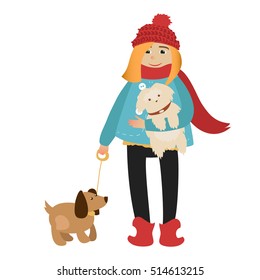 Vector image of girl with dogs