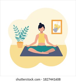 Vector image of a girl doing yoga at home in the Lotus position. Healthy lifestyle, meditation.
