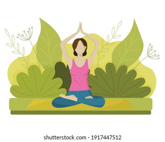 Vector image of a girl doing yoga and sitting in the lotus position. The concept of a healthy lifestyle. The lotus position. Sporty girl on the background of nature.