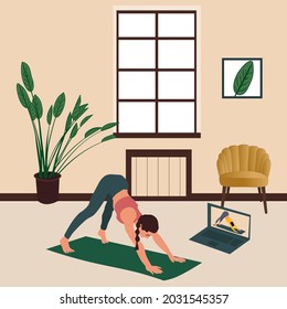 vector image of a girl doing yoga online on a computer at home