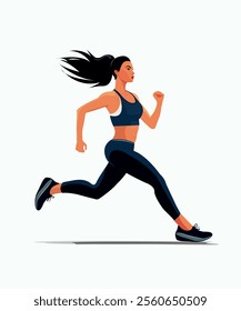 Vector image of a girl dressed in a sports uniform, leggings and a sports bra, doing sports, running sprint, leading an active lifestyle.