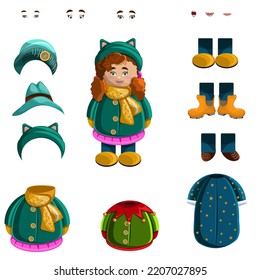 Imagen vectorial de una niña y sus elementos y opciones similares. Aislado sobre fondo blanco. EPS 10