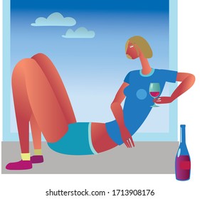 vector image of a girl with a glass of wine