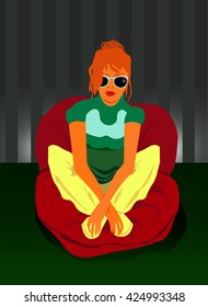 
Vector image of a girl with glasses sitting on a soft chair cushion on the background wall with stripes.