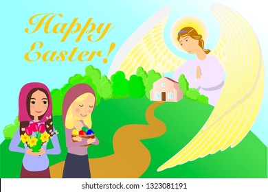 Vector image of a girl go to the temple on the feast of easter. Angel protects church and believers. Poster, banners Happy Easter