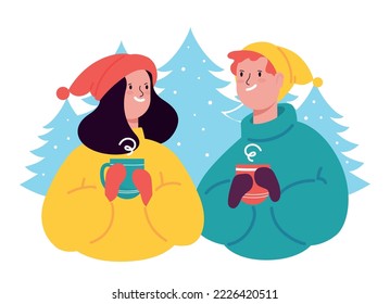 Vector image of a girl and a guy drinking hot drinks on the background of Christmas trees.