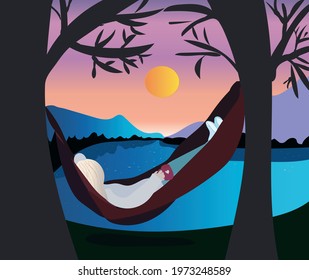 vector image of a girl in a hammock by the lake