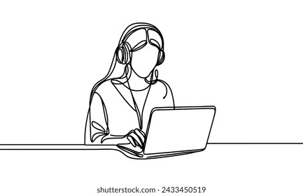 Vector image of a girl in headphones using a laptop, in a linear style.