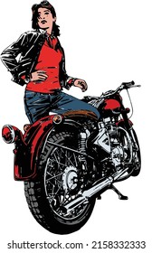 Una imagen vectorial de una niña y su motocicleta 