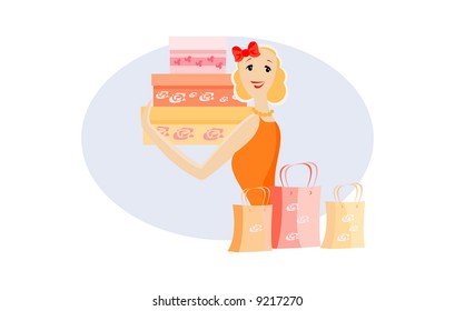 vector image of girl, holding boxes, after shopping