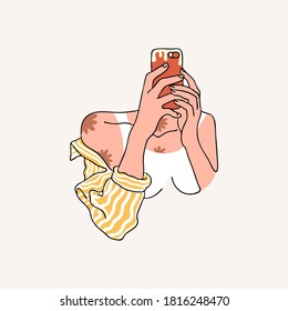 Vector image of girl holding phone , taking selfie. Modern concept. 