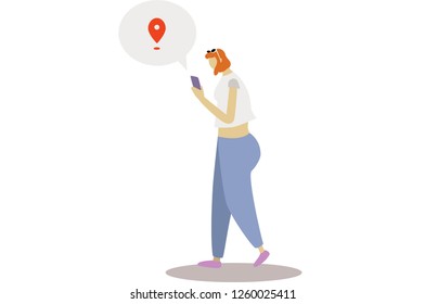 Vector image of a girl holding a smartphone she is using as a navigator. New technologies help us to know where we are.