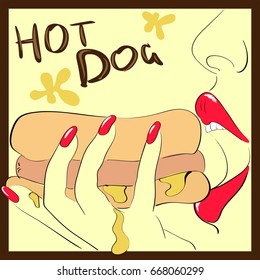 Vector image girl holds in her hand and eat hot dog