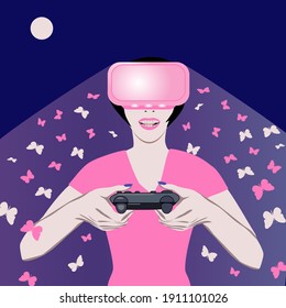 imagen vectorial de una chica con un joystick y un casco de realidad virtual con mariposas