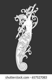 Vector image. Girl in leaf curls. Woman in the scrolls.