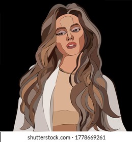 vector image of a girl with long blond lush hair in a beige and white sweater