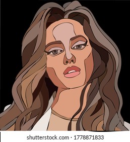 vector image of a girl with long blond lush hair in big expressive eyes