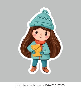 Vector image of a girl with long brown hair. A girl in a hat and a sea-green coat holds a yellow envelope in her hands.