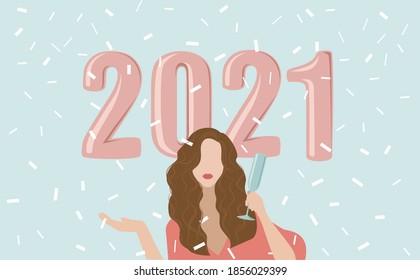 Vector image of a girl with long wavy hair holding a glass of champagne in her hand celebrating the new year 2021
