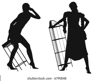 Vector the image of the girl with metal  bookshelf.