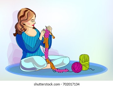 Vector image of a girl, mom, women who sits in a blue knitted sweater and knits a scarf, thread. Knitting at home.