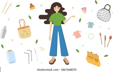 
Imagen vectorial de una niña en un fondo con objetos ecológicos. El concepto de basura cero. Vida ecológica. Bolsa de compras, cepillos de bambú, recipiente de comida, termo, taza menstrual, recipiente reutilizable, etc.