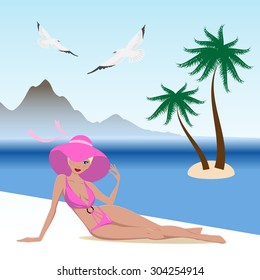 Vector image. Girl on the beach in the summer lies