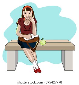 vector image of girl on a bench with a notebook and apple