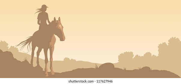 Vector image of girl on horse against a background of landscape