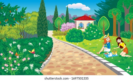 Vector image of a girl on a picnic in a country garden