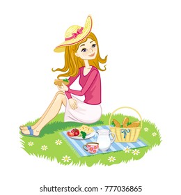 Vector image of a girl on a picnic eating a sandwich