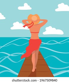 
Imagen vectorial de una imagen de una niña en el muelle mirando al mar