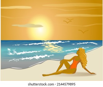 Vector image of a girl on the seashore