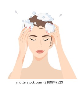 Imagen vectorial de una niña en un fondo blanco aislado en la ducha. Una mujer se lava la cabeza con champú. El concepto de cuidado del cabello y el cuero cabelludo. Shampoo y máscaras para el pelo. Tratamientos de spa en casa