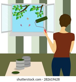 Vector image. Girl paints the platen wall