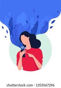 Vector image of the girl with the phone in her hand and Wi-Fi on that opens up a whole world for her.