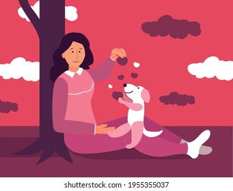 vector image of a girl playing with a dog. Love for a pet.