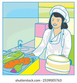 Vector image of a girl playing in the kitchen and playing cooking.