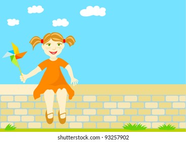 Vector image - Girl plays with paper windmill sitting on a wall (plenty of caption space against blue sky)