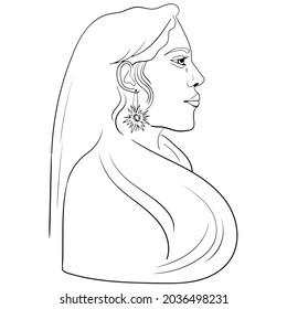 Imagen vectorial de una chica de perfil. Imagen de contorno de una chica hasta la cintura con el pelo hacia abajo. Obtenido a mano. Diseño de afiches, postales, invitaciones, vacaciones, decoración, pegatinas, impresiones.
