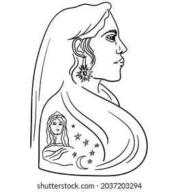 Vector image of a girl in profile with a tattoo on her shoulder. Contour image of a girl up to the waist. Hand-drawn. Design of posters, postcards, invitations, holidays, decor, stickers, prints.
