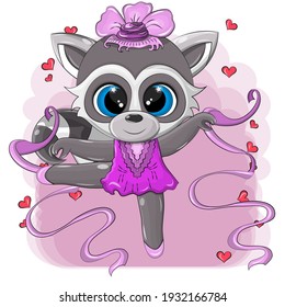 Vector image of a girl raccoon who is engaged in gymnastics with ribbons. Isolated illustration of a sportswoman is made in a cartoon style on a purple background.
