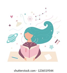 Vector image of a girl reading a book. Student in working process