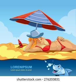 vector image of girl in the red bikini lies on the beach near the ocean