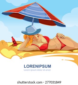vector image of girl in the red bikini lies on the beach near the ocean