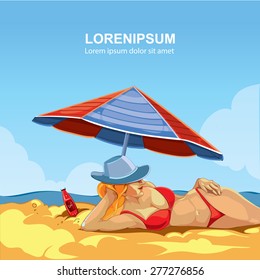 vector image of girl in the red bikini lies on the beach near the ocean