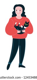 vector image of a girl in a red sweater with a black cat in her hands.Young woman standing and hugging her cat or kitten. Funny girl embracing her domestic animal. 