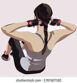 Vector image of a girl with a scythe doing fitness in a white tank top