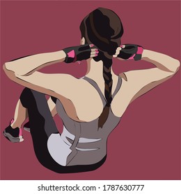Imagen vectorial de una chica con una guadaña haciendo ejercicio en un tanque blanco