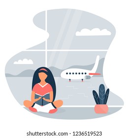 Vector image of a girl sitting at the airport and reading a book.